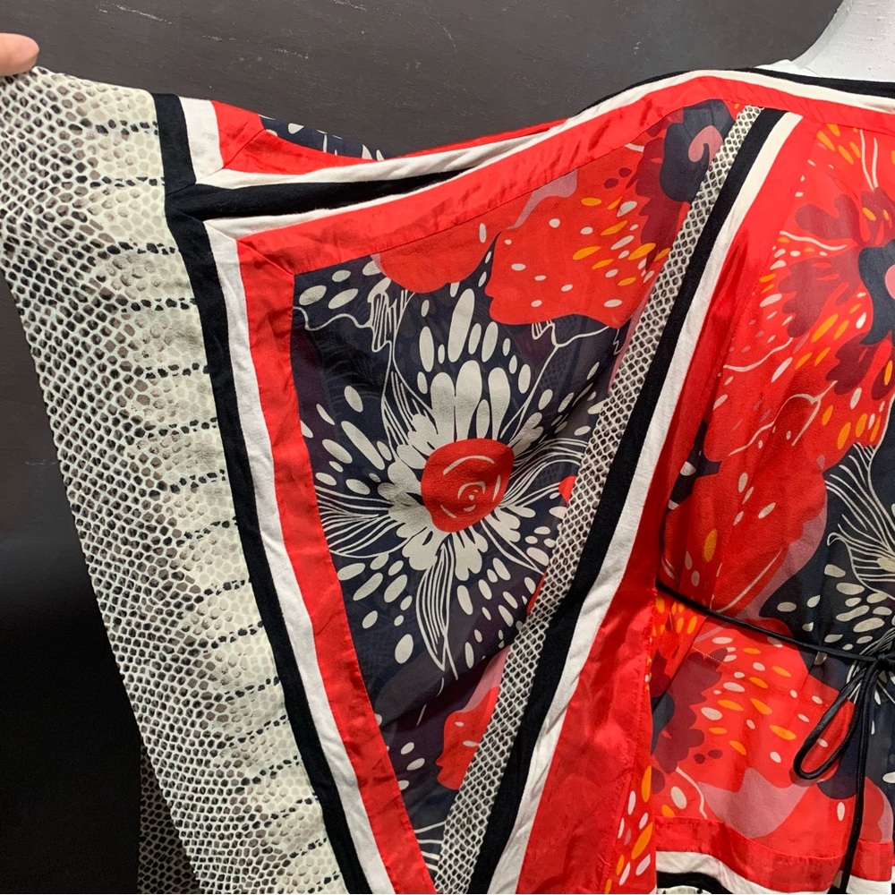 VIVIENNE TAM Silk Wrap Blouse Scarf Lace Belt Printed Floral Mixed Patterns P/S - Picture 11 of 11